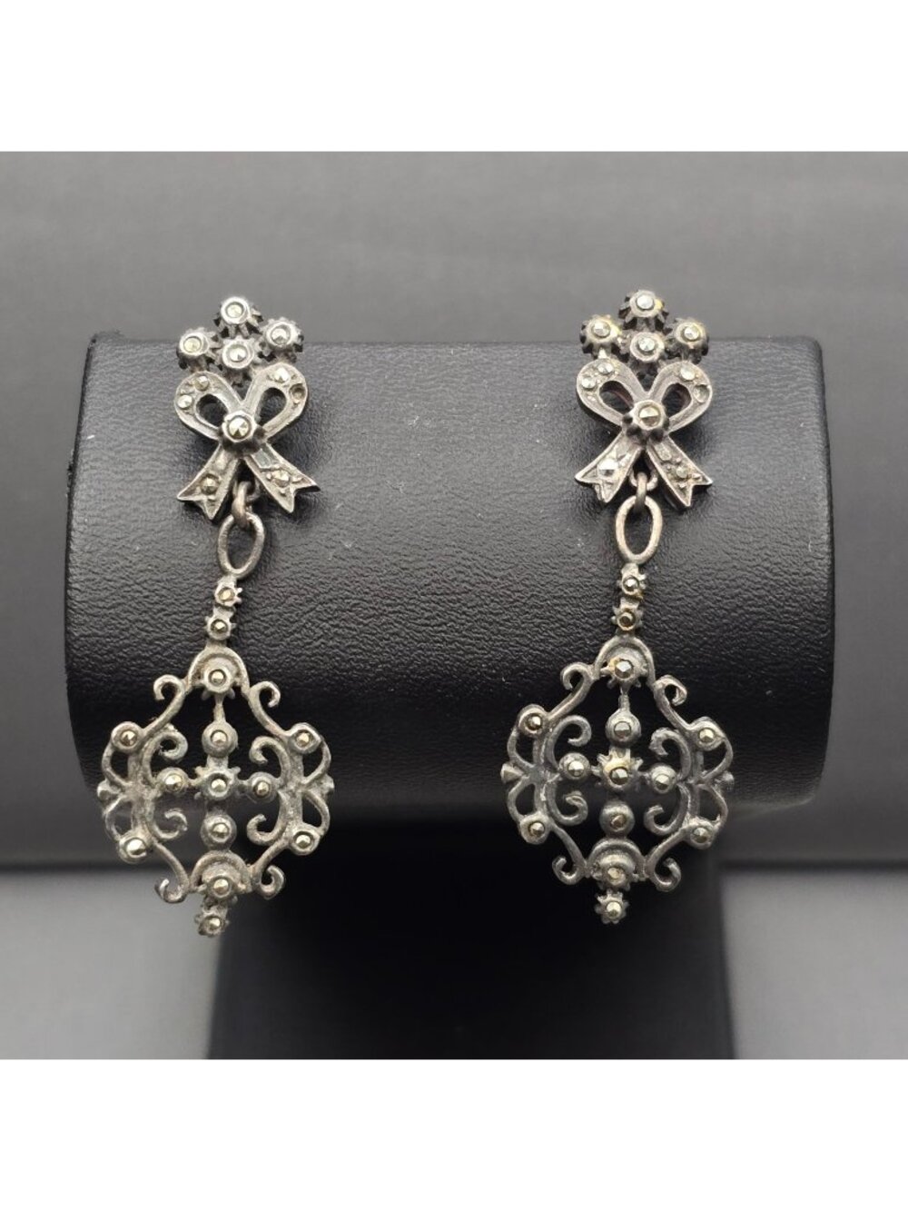 Edwardian Sterling Silver Marcasite Filigree Bow Dangle Drop Post Earrings 2"